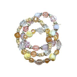 Set of 3 Multicolor Stretch Beaded Charm Bracelets Round Crystal Glass Stack
